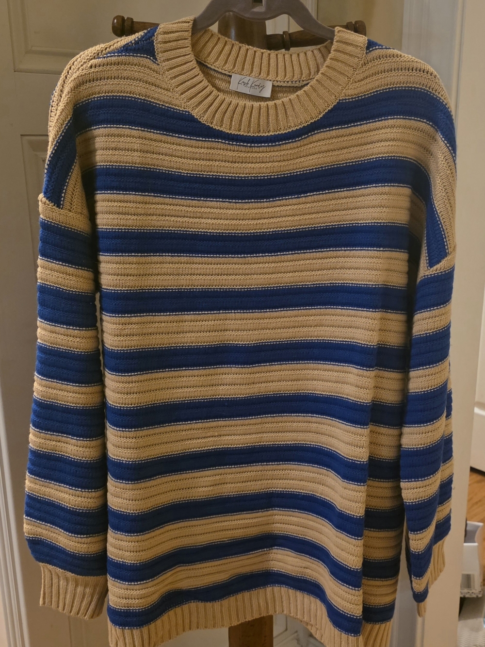 Striped Crewneck Sweater in Tan and Blue